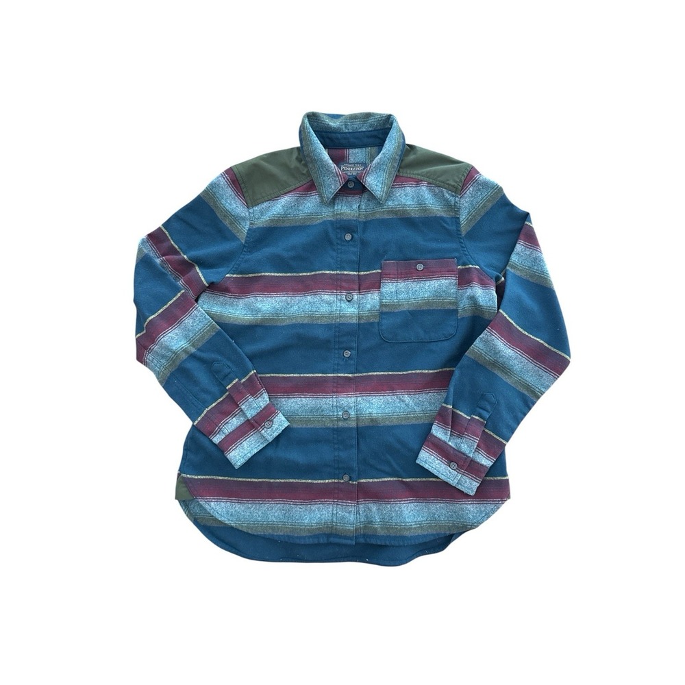 Pendleton Wool Button Down Women's Medium Blue Red Gray Striped Western USA Made